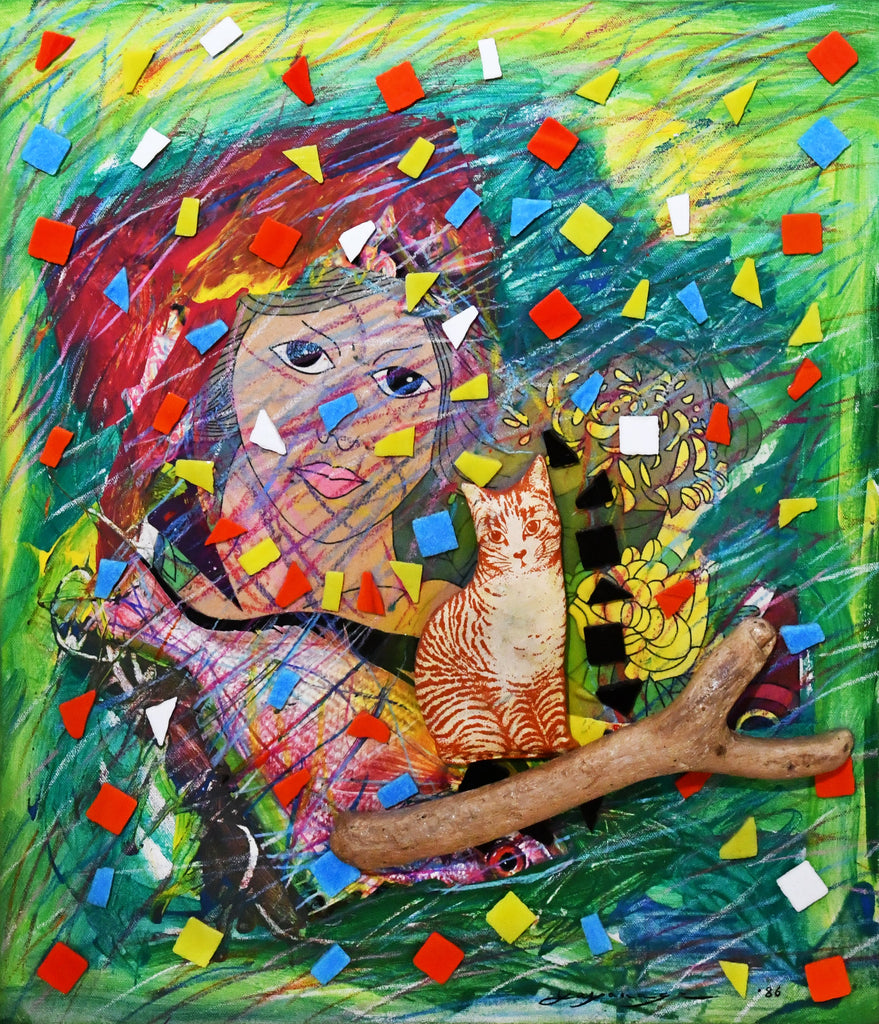 Mosiac Woman and Cat, GO YAYANAGI, 1986Panel, Oil on canvas, Mixed media53.0 × 45.5 × 6.0cm